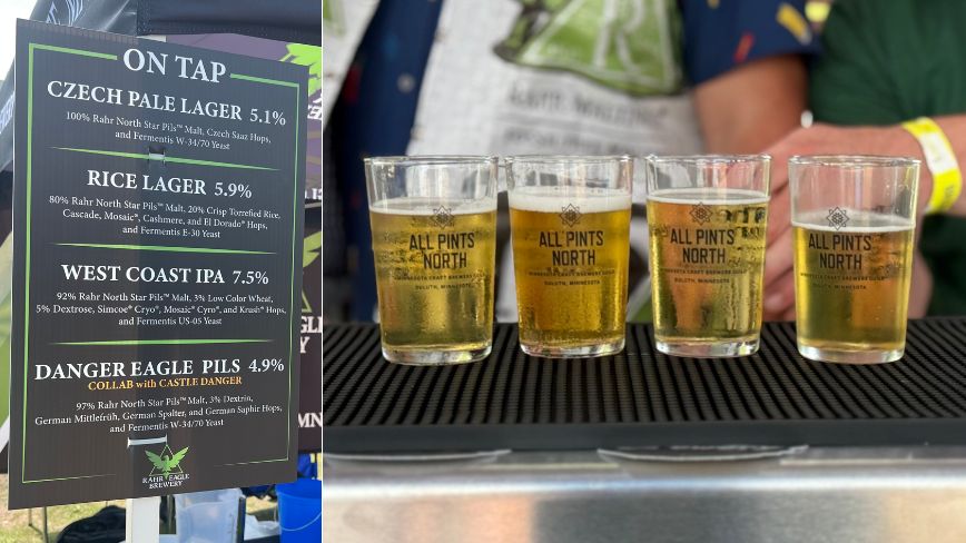 left: beer tap list at All Pints North / right: four light-colored beers served at beer fest