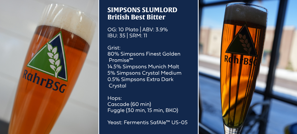 Image of two beers with Simpsons Slumlord Bitter ingredients listed in between.