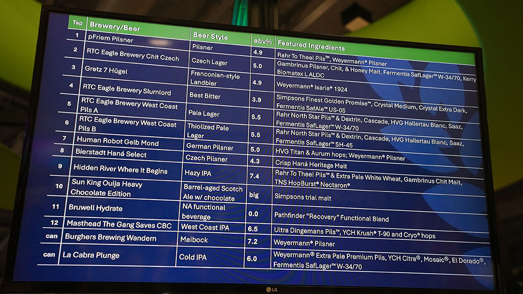 Beer tap list showing options for CBC 2026 at RahrBSG Village bar
