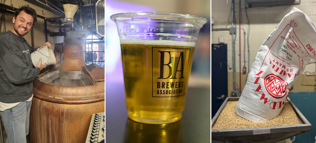 3-panel image with brewer at kettle, pour shot of golden beer, bag of malt in mill