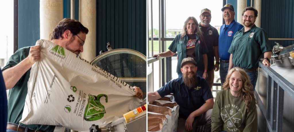 Left: bag of Rahr Standard 6-Row Malt poured into mash tun. Right: group posing in brewhouse at Wisconsin Brewing Co.