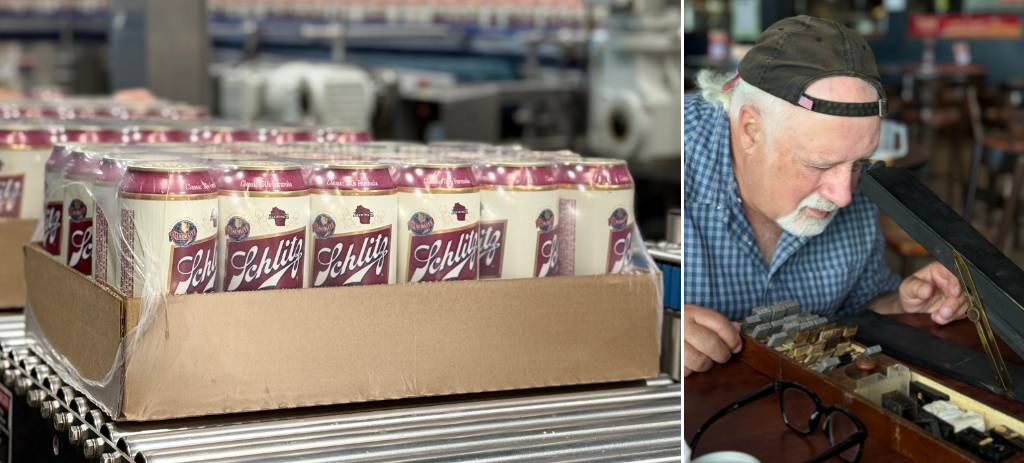Left: flat of Schlitz can on canning line. Right: Kirby Nelson at tintometer.