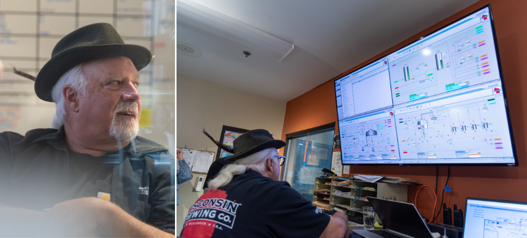Left: Wisconsin Brewing Company brewmaster Kirby Nelson. Right: larger monitor showing brewhouse operations at WBC