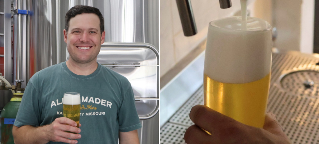 Left: Nick Mader, head brewer at Alma Mader Brewing Co. Right: Rice lager pouring into glass
