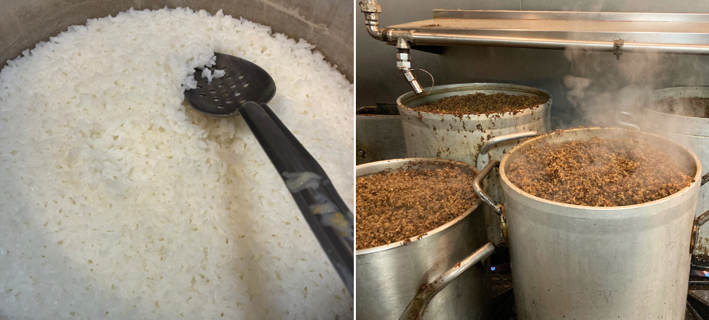 Left: Jasmine rice cooking at Northbound Smokehouse & Brewery. Right: Wild rice cooking at Northbound.