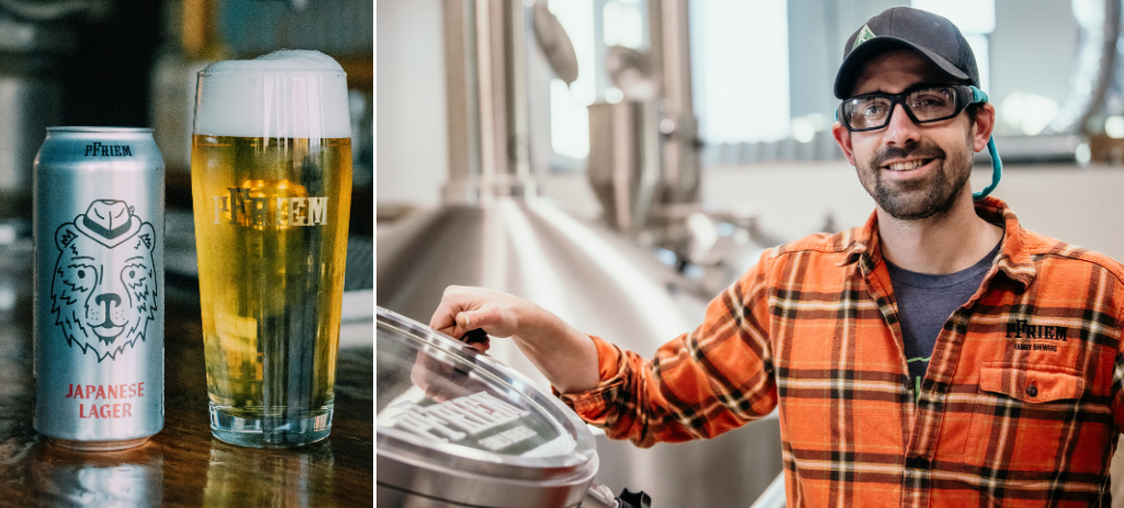Left: pFriem Japanese Lager can with glass of beer. Right: Campbell Morrissy, director of brewing operations at pFriem Family Brewers