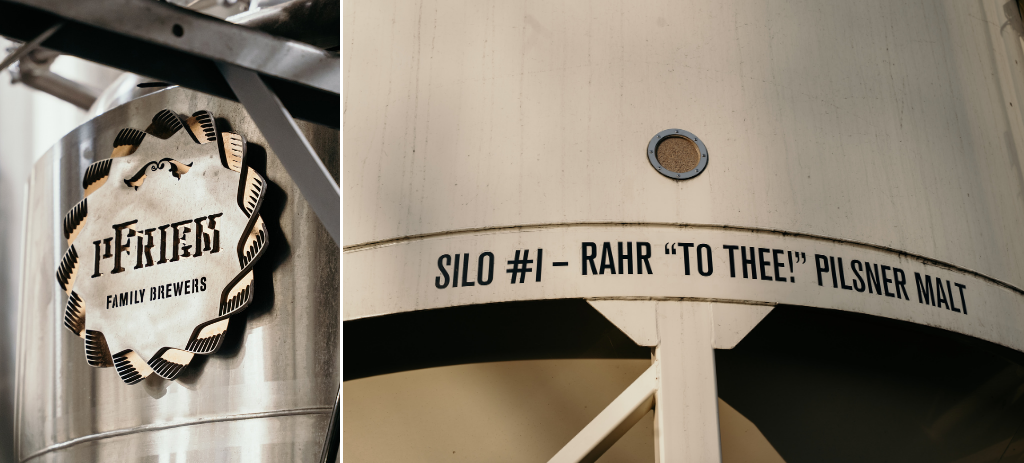 Left: pFriem logo in brewery. Right: Grain silo of Rahr To Thee! Pils malt at pFriem Family Brewers