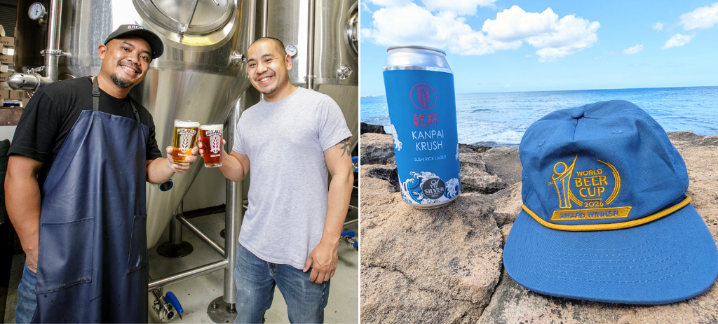 Left: Brewyard Beer Co owners Sherwin Antonio and Kirk Nishikawa. Right: Kanpai Krush rice lager with World Beer Cup hat
