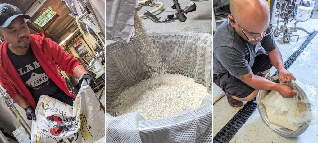 Brewyard brewers prepare and cook sushi rice for the mash of Kanpai Krush sushi rice lager