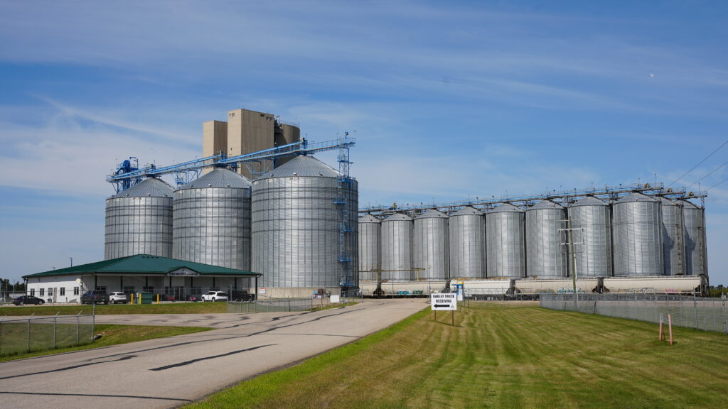 Exterior of Rahr Malting Company facility in Alix, Alberta, Canada.