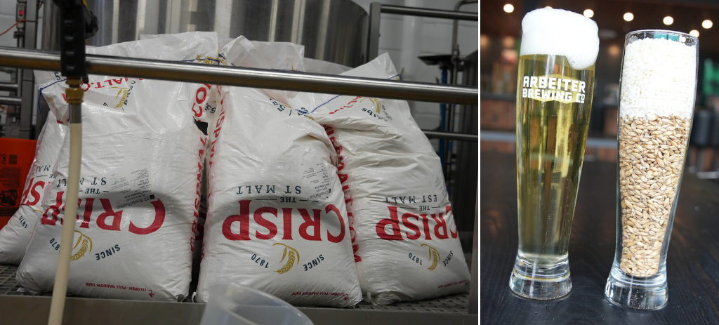 Left: bags of Crisp Flaked Torrefied Rice. Right: glass of beer and glass of malt with flaked rice
