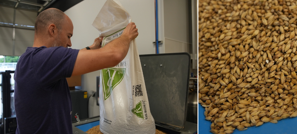 Brewer milling Rahr North Star Pils for rice lager at Arbeiter Brewing Co.