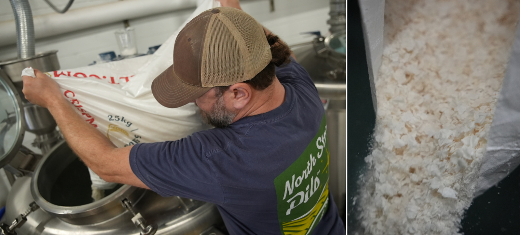 Brewer pouring Crisp Flaked Torrefied Rice into mash tun at Arbeiter Brewing Co.