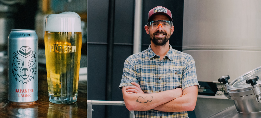 Left: can and glass of pFriem Japanese Lager. Right: Campbell Morrissy, director of brewing operations